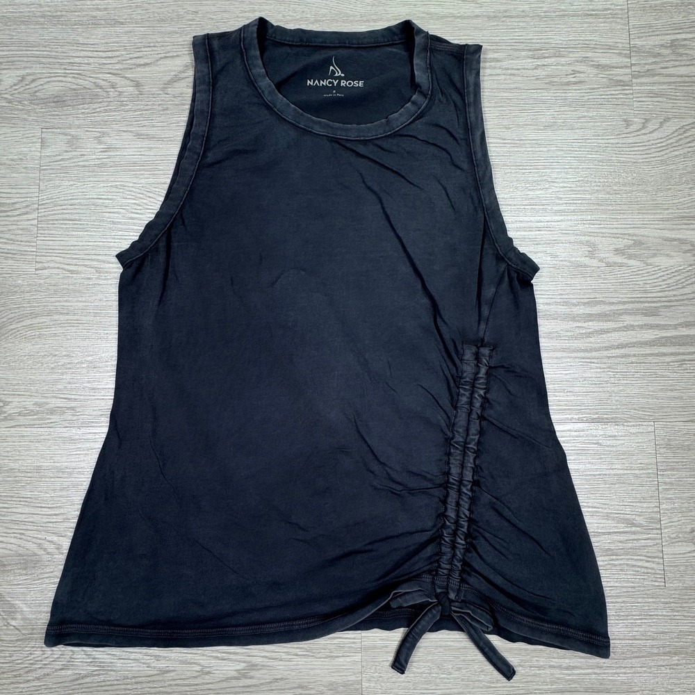 Nancy Rose Women's Tank Top Side Ruched Tie Hem Black Size 8 Pima Cotton Lycra